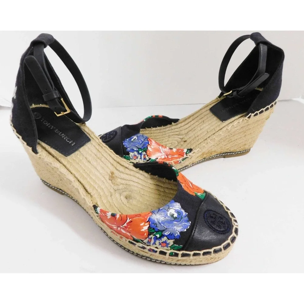 Tory Burch‎ Floral Espadrille Wedge Logo Toe Cap Sandals 7